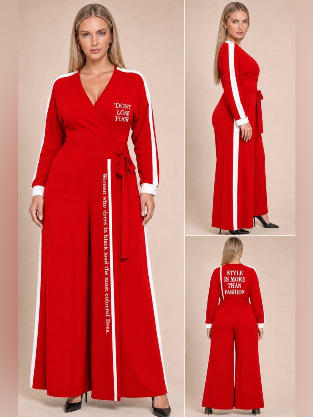 Red Wrap-Front Wide-Leg Jumpsuit with White Stripes